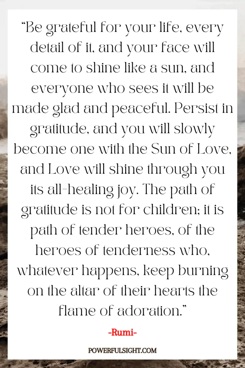 “Be grateful for your life, every detail of it, and your face will come to shine like a sun, and everyone who sees it will be made glad and peaceful. Persist in gratitude, and you will slowly become one with the Sun of Love, and Love will shine through you as its all-healing joy. The path of gratitude is not for children; it is the path of tender heroes, of the heroes of tenderness who, whatever happens, keep burning on the altar of their hearts the flame of adoration.”